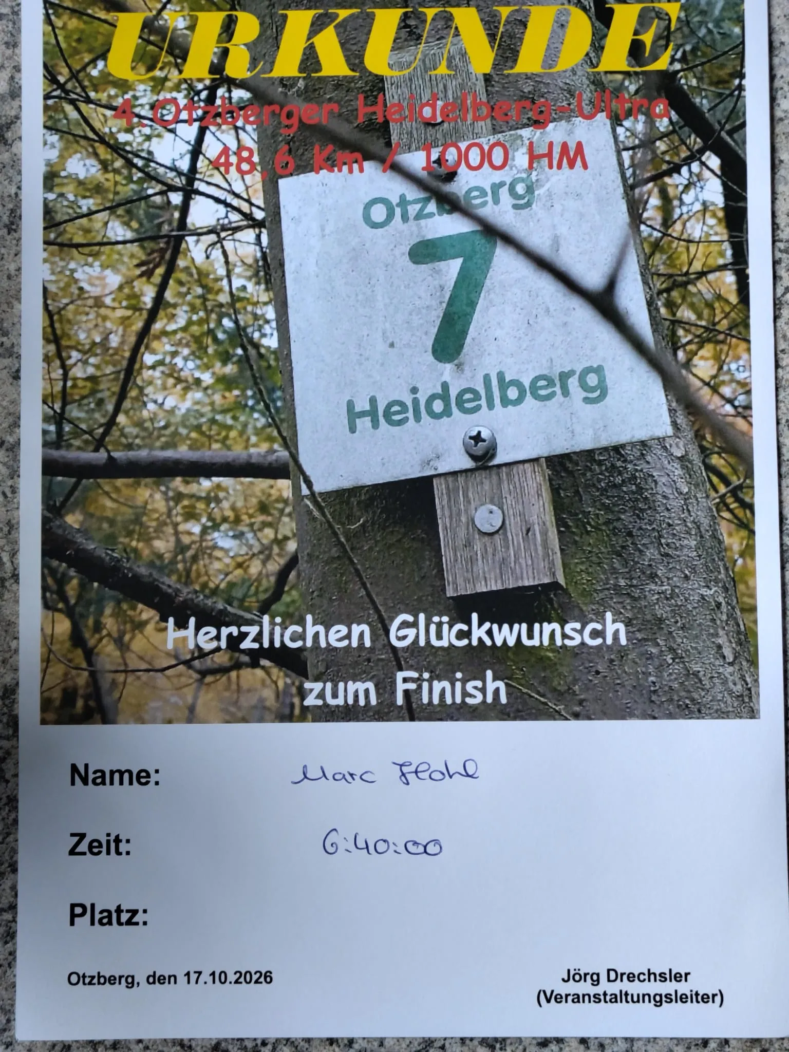Urkunde zum Finish des 4. Otzberger Heidelberg-Ultra, 48,6 km / 1000 Hm, Zeit 6:40:00